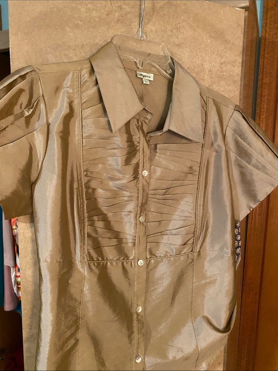 Agora Tops - Vintage Agora Champagne Gold Satin Ruched Blouse - Short Sleeve Y2K Top. Size L